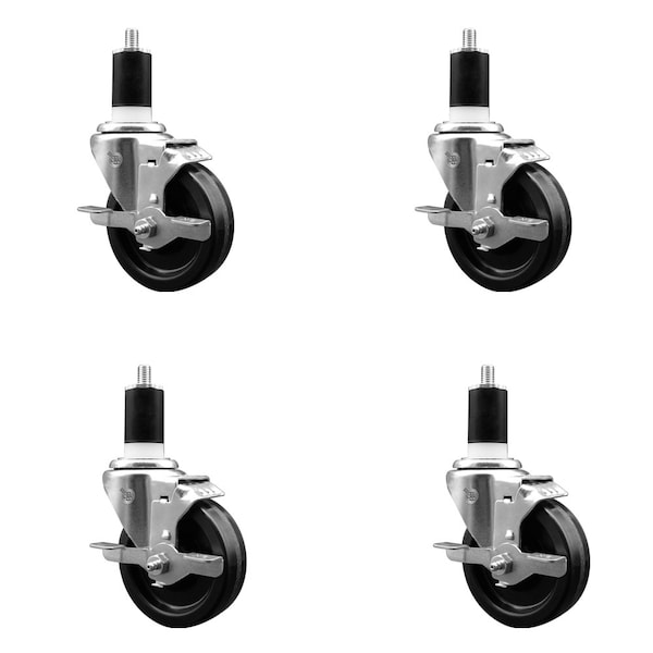 4'' SS Phenolic Swivel 1-1/2'' Expanding Stem Caster Set with Brake, 4PK